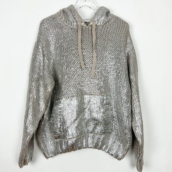Zara Sweater Women's Large Metallic Silver Foil Hooded Knit Pullover Sweatshirt - Picture 3 of 15